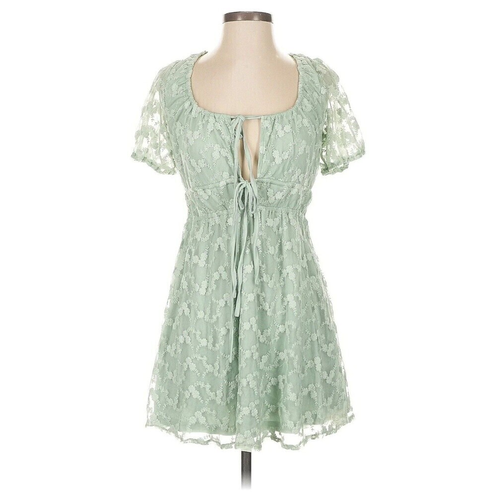 Baevely Boutique Blue Boho Floral Embroidered Ruffle women Swing Dress sz M